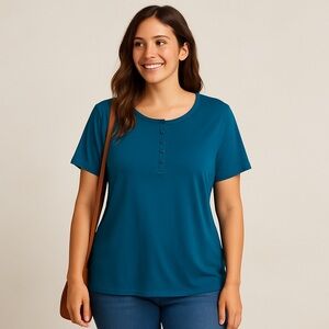 Duluth Trading Co. Teal Blue Short Sleeve Henley  Shirt Cotton Sz XL EUC